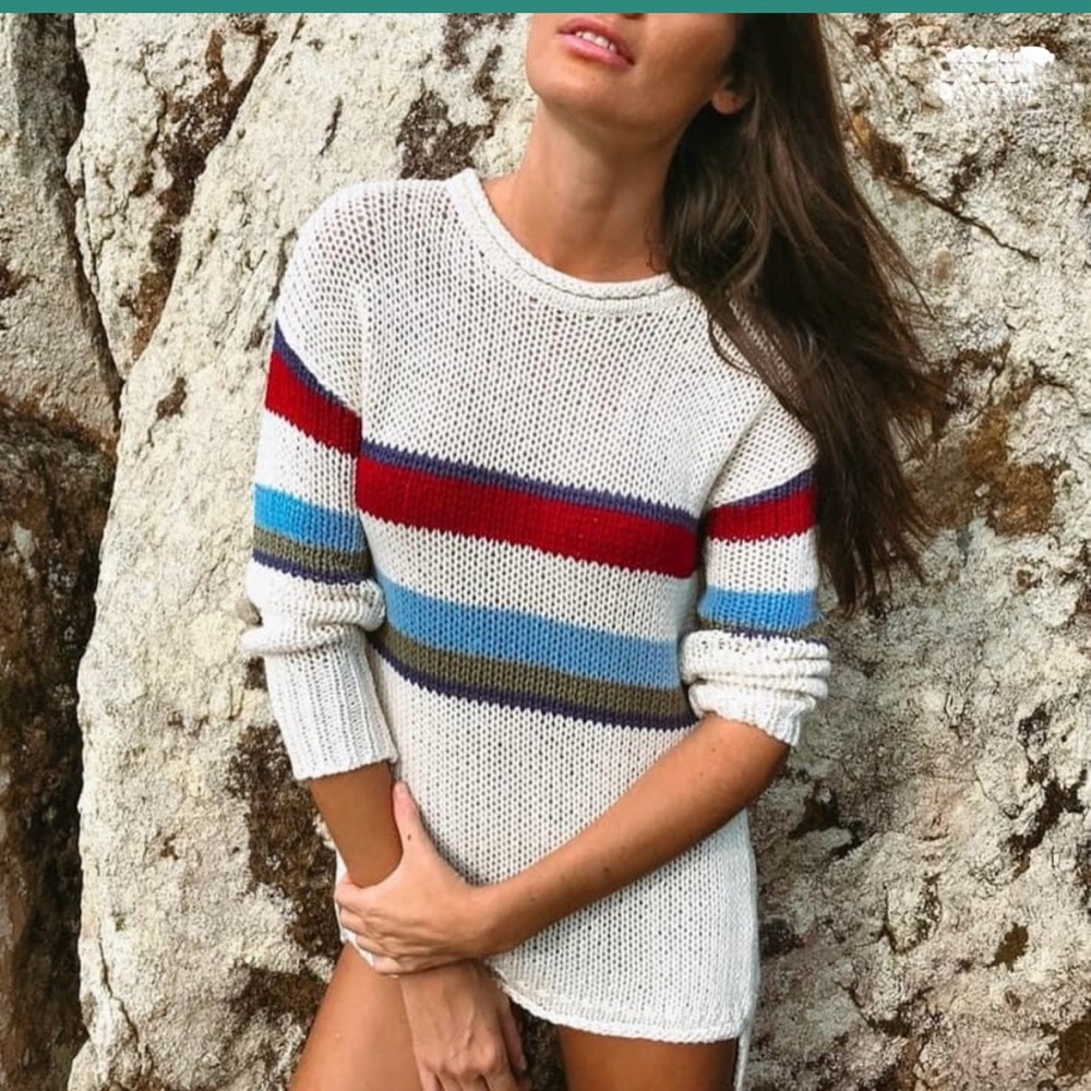 Cozy Striped Knit Sweater in Red, Blue, and Cream, HiHo,  XS